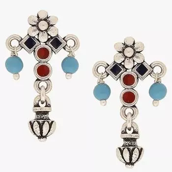 Серьги-капли мокша с цветочным принтом из латуни с оксидированным серебряным покрытием и бусинами из бирюзового жемчуга для женщин и девочек