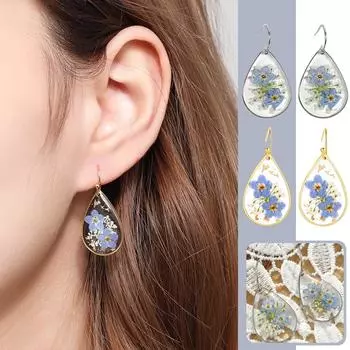 Серьги-капли «Незабудка» с полевым цветком, тисненые серьги-капли с сухоцветами, женские серьги-капли One Size серебряный