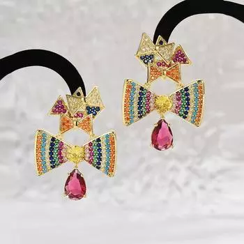 Серьги-капли с цветным бантом и микроинкрустацией из циркония. Серьги-серьги для женщин. Легкие, роскошные, тяжелые промышленные серьги. золотой