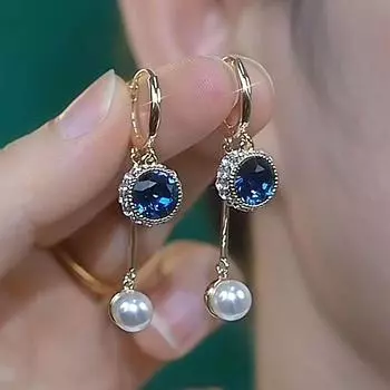 Серьги-капли с голубым кристаллом и жемчугом для женщин