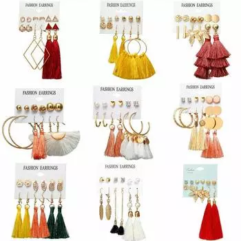 Серьги-капли с кисточками, винтажные геометрические цветочные серьги для девочек в стиле бохо, 6 пар/комплект, гвоздики для ушей, ювелирные изделия в подарок для женщин, жемчуг, кристаллы, аксессуары