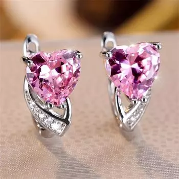 Серьги-капли с розовым камнем и цирконием в форме сердца, женские серьги-капли с фианитом, свадебные модные ювелирные изделия серебристого цвета, ювелирные изделия розовый