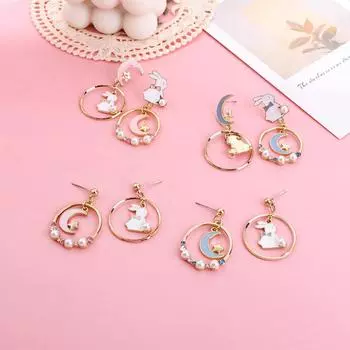 Серьги-капли с розовым кроликом в виде милой девушки, антиаллергенные асимметричные серьги с эмалью B