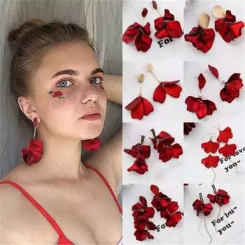 Серьги-капли с висячими лепестками и кисточками. Изысканные красные серьги-гвоздики. Массивный цветок. Акриловая мода. 7 красный