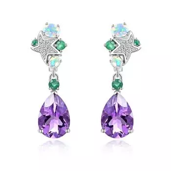 Серьги-капли с застежкой в виде морской звезды, натуральный драгоценный опал, изумруд и аметист, драгоценный камень, серебряное изделие для женщин, ювелирное изделие, подарок фиолетовый