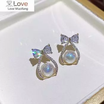 Серьги-капли с золотым бантом и цирконием для женщин, модные блестящие серьги, свадебные украшения, подарки на день рождения