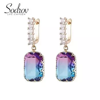 Серьги-капли SODROV с бриллиантами и квадратными аметистами и цирконами