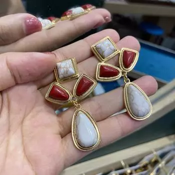 Серьги-капли в стиле ретро с геометрическим дизайном, западные антикварные медные серьги из настоящего золота с натуральным камнем