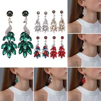Серьги-капли винтажные стразы с павлиньей отделкой, роскошные элегантные зеленые перья из искусственного хрусталя серебряный