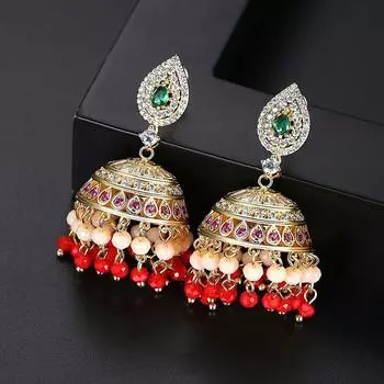 Серьги-капли WWJ Royal золотого цвета с инкрустацией кубическим цирконием и кисточкой ручной работы красный/белый