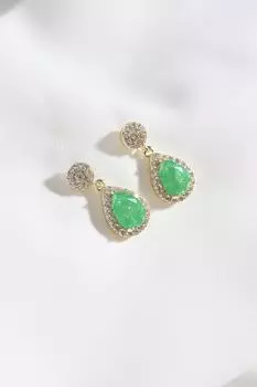 Серьги-капли золотого цвета с неоновым зеленым камнем