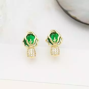 Серьги-капусты из циркония, женские персонализированные серьги-гвоздики Niche Design Sense, высококачественные универсальные серьги-цветы зеленого цвета 14k