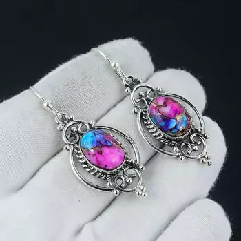 Серьги King Man Pink Dahila с бирюзой и колючими устрицами, серьги с овальными камнями, серьги из стерлингового серебра 925 пробы, серьги с драгоценными камнями, серьги с подвесками 2.16 розовый