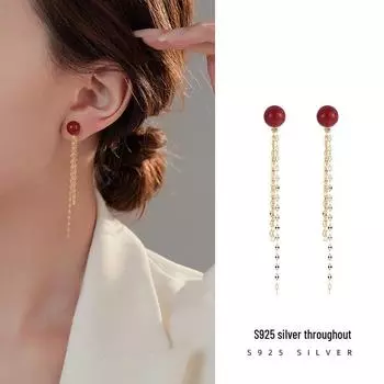 Серьги-кисточки Banyan Tree S925 из китайского серебра с киноварью для женщин - элегантный новый стиль ES2616 золотой