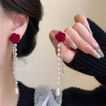 Серьги-кисточки из красного бархата с камелией, длинные серьги, серьги с розовым жемчугом One Size красный