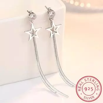 Серьги-кисточки из настоящего серебра 925 пробы для женщин, длинная цепочка со звездой и цирконием, Oorbellen Boucle D oreille, модный подарок