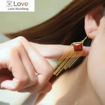 Серьги-кисточки из натурального южно-красного халцедона с геометрическим узором в китайском стиле в стиле ретро, элегантные, уникальные, женские ювелирные изделия ручной работы красный