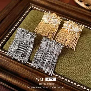 Серьги-кисточки из позолоченного серебра с цирконием — роскошные, модные, удобные, универсальные серьги для женщин Steel needle, V-shaped chain tassel earrings