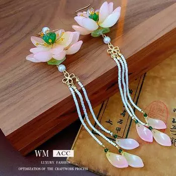 Серьги-кисточки из стеклянного лотоса с жемчугом: Элегантный модный аксессуар высокого класса Ear hooks розовый