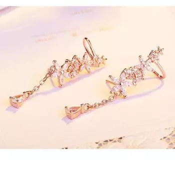 Серьги-кисточки из стерлингового серебра 925 пробы с блестящим цирконием AAA в виде листьев и цветов с каплями воды, серебряного цвета, с заушником, S-E552 розового золота