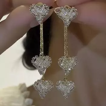 Серьги-кисточки «Любящее сердце», полностью инкрустированные кристаллами, двойного ношения Two gold Long Heart earrings