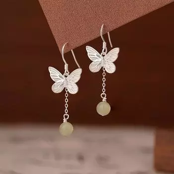 Серьги-кисточки с бабочками из нефрита в стиле Хотан, новые серьги в китайском стиле в национальном стиле, универсальные серьги в стиле ниши