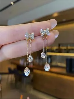 Серьги-кисточки с бантиками, сверкающие серьги с бриллиантами, атмосферные и простые серьги