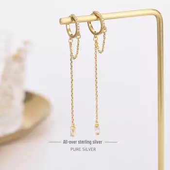 Серьги-кисточки с бриллиантами в японском и корейском стиле из стерлингового серебра 925 пробы для элегантного образа, стройнящего лицо ES1217 золотой