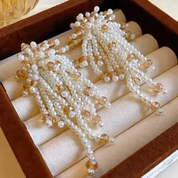 Серьги-кисточки с бусинами и цветами, преувеличенные атмосферные серьги