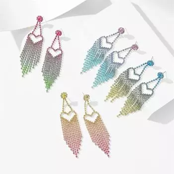 Серьги-кисточки с цветным градиентом Love Heart, длинные, с бриллиантами, премиум-серьги со стразами, женские серьги, 1 пара