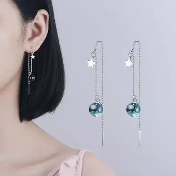 Серьги-кисточки с длинными бусинами из стерлингового серебра 925 пробы с кристаллами Blue Planet и звездой для женщин, подарок S -E667