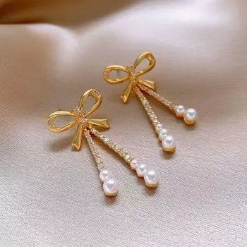 Серьги-кисточки с французским бантом золотой