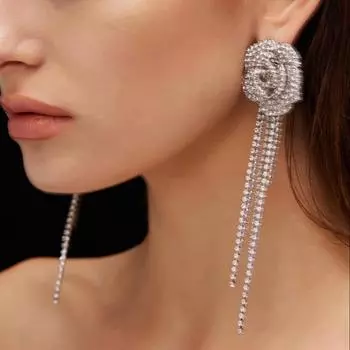 Серьги-кисточки с розами и бриллиантами, преувеличенный темперамент, сияющие длинные вечерние серьги для женщин