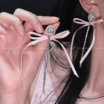 Серьги-кисточки с розовыми бантиками из ленты для девочек и женщин bow earrings розовый