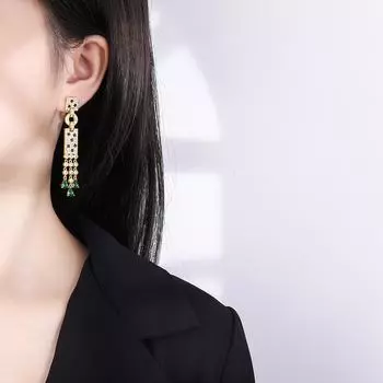 Серьги-кисточки Серьги с микроизумрудами, посеребренные Серьги с имитацией изумруда белого золота