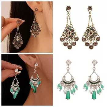 Серьги-кисточки в этническом стиле с полыми каплями воды, цинковый сплав, серьги с кристаллами, подвеска, женские подарки StyleB-Green Silver