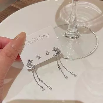 Серьги-кисточки в форме звезды и луны из серебра 925 пробы с цирконовыми гвоздиками серебряный