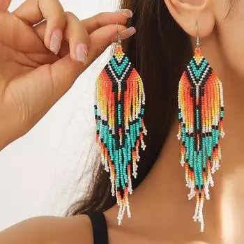 Серьги-кисточки в стиле бохо с разноцветными рисовыми бусинами, винтажные вязаные серьги ручной работы, длинные женские серьги, 1 пара