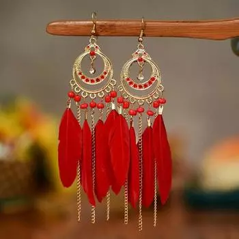 Серьги-кисточки в стиле французской богемы с перьями для вечеринки, женский модный дизайн, ретро-стиль, красные серьги, праздничные фото-украшения One Size красный