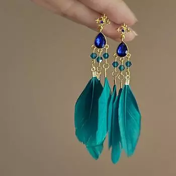 Серьги-кисточки в виде перьев с бриллиантами в стиле бохо-серебряной иглы, ретро-дизайн в стиле павлиньего зеленого цвета, стиль Niche Silver Needle зелёный