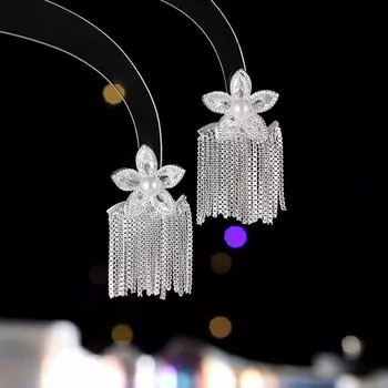 Серьги класса «люкс», серьги с цветочной бахромой, серьги-иглы в стиле принцессы из легкого серебра 925 пробы с цирконами и жемчугом. серебряный