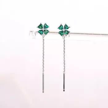 Серьги Клевер на удачу Классический темперамент Ретро Изумрудные серьги Длинная цепочка Кисточка Любовь Цветочные серьги Copper