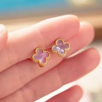 Серьги-клеверы с розовым и фиолетовым перламутром и четырьмя листочками, новые безболезненные ушные клипсы без отверстий для ушей, высококачественные роскошные женские серьги ear clip