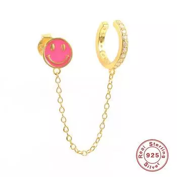 Серьги-клипсы из стерлингового серебра S925 с бриллиантовой цепочкой и смайликом, модные персонализированные серьги 925 Silver