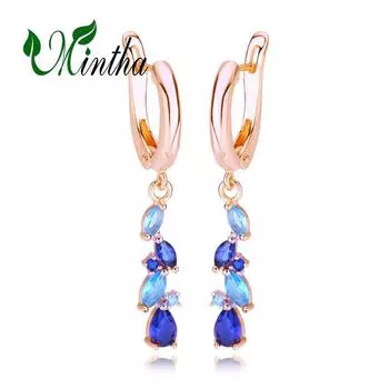 Серьги-клипсы MINTHA, модные серьги цвета розового золота, модные украшения, длинные серьги с синим кубическим цирконием и геометрической формой для женщин, свадебные серьги A разноцветный