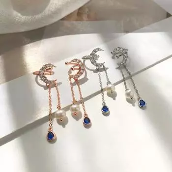 Серьги-клипсы с кисточками из лунного жемчуга, синие, в форме капли, легкие и роскошные, модные золотой