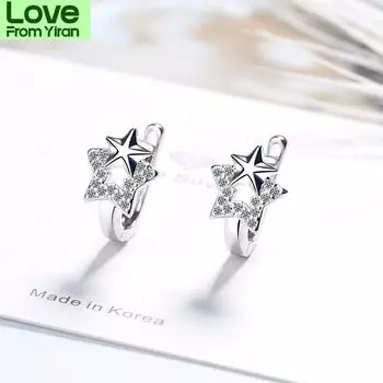 Серьги-клипсы с пентаграммой из мозаики из стерлингового серебра 925 пробы с кубическим цирконием для женщин и девушек, простые украшения для вечеринок, подарки S -E1048