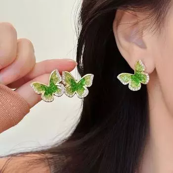 Серьги-клипсы в виде бабочки со стразами, зеленые серьги-гвоздики в виде бабочки, легкие роскошные серьги в корейском стиле для леди earstud