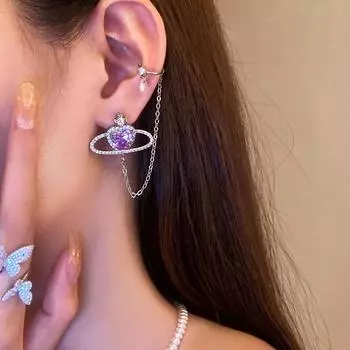 Серьги-клипсы в виде косточек для ушей Purple Love со стразами Planet, женские серьги-клипсы с длинными кисточками Girly Temperament фиолетовый