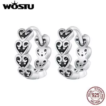 Серьги-клипсы WOSTU из стерлингового серебра 925 пробы в форме сердца с черными цирконами для женщин, ювелирные изделия 925 silver